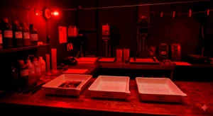 Cuarto oscuro con luz roja, cubeta de revelado fotográfico con una fotografía en proceso de revelado