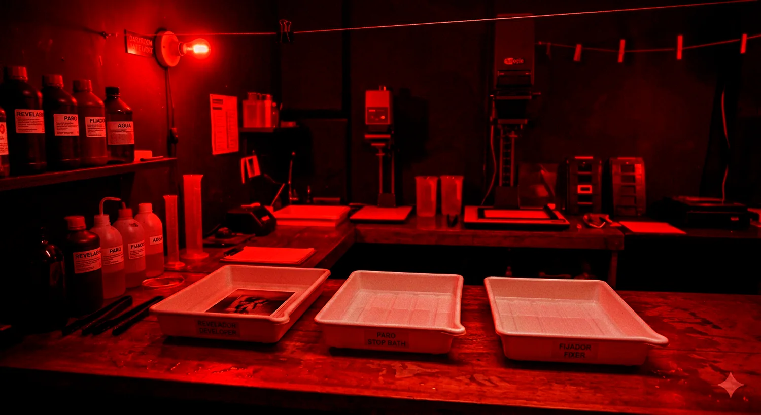 Cuarto oscuro con luz roja, cubeta de revelado fotográfico con una fotografía en proceso de revelado